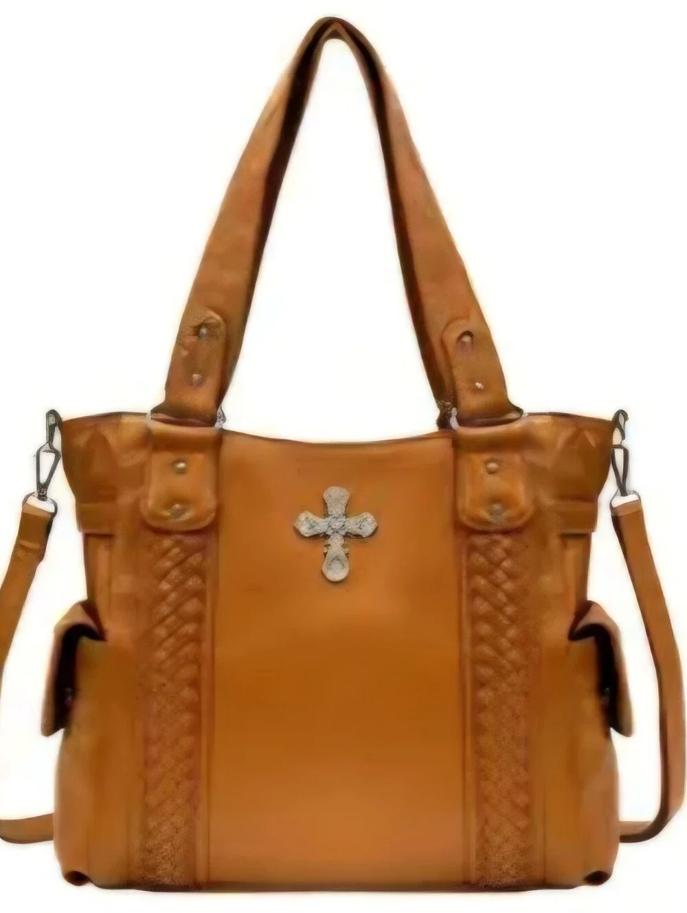 Large Tote Crossbody Bag Brown Vegan Leather Southwestern Silver Cross Purse
